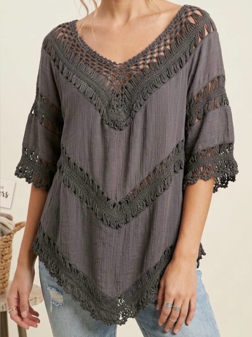 Dreamers Open Knit Crochet Lace Flowy Boho Top Gray Size Medium
